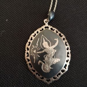 Vintage 1940's Siam Goddess Mekhala Sterling Silver & Black Onyx Inlay Necklace